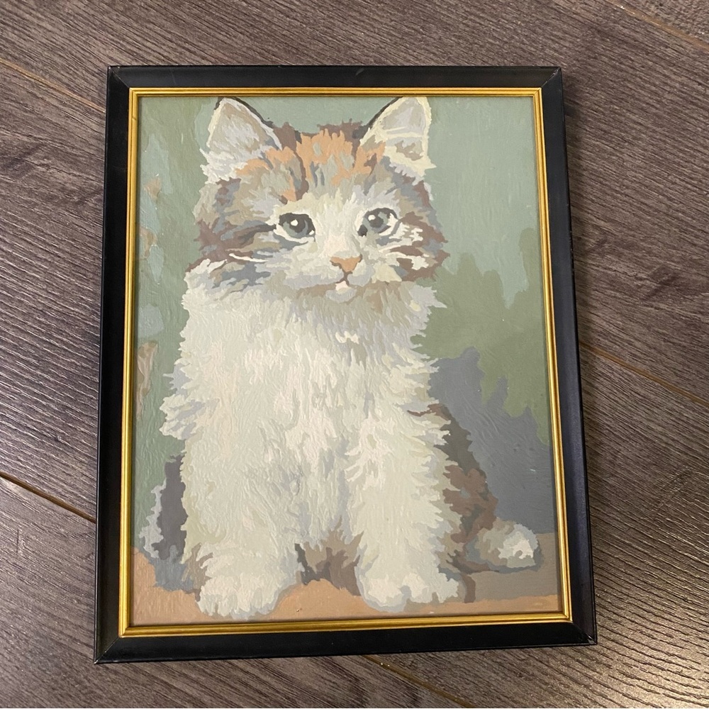 Vintage Kitten Portrait painting textured paint by number glass framed decor